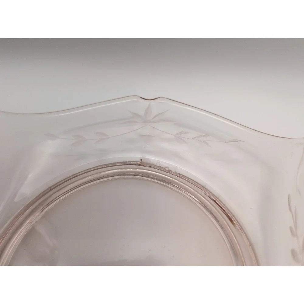Vintage Pink Depression Glass Etched Leaf Bon Bon Dish with Handles 7x5x3 - Picture 5 of 14